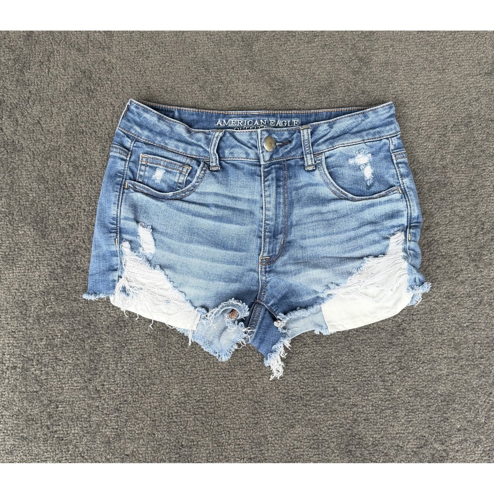 American Eagle Hi-Rise Shortie Distressed Denim Shorts Size 8 Medium Wash